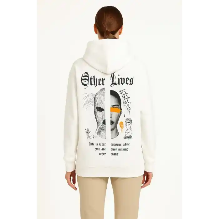 Kadın Kapşonlu Sweatshirt – Oversize Üç İplik Şardonlu Hoodie, “Other Lives” Ön & Arka Baskılı, Kanguru Cepli, Kışlık Rahat Günlük Stil - Beyaz