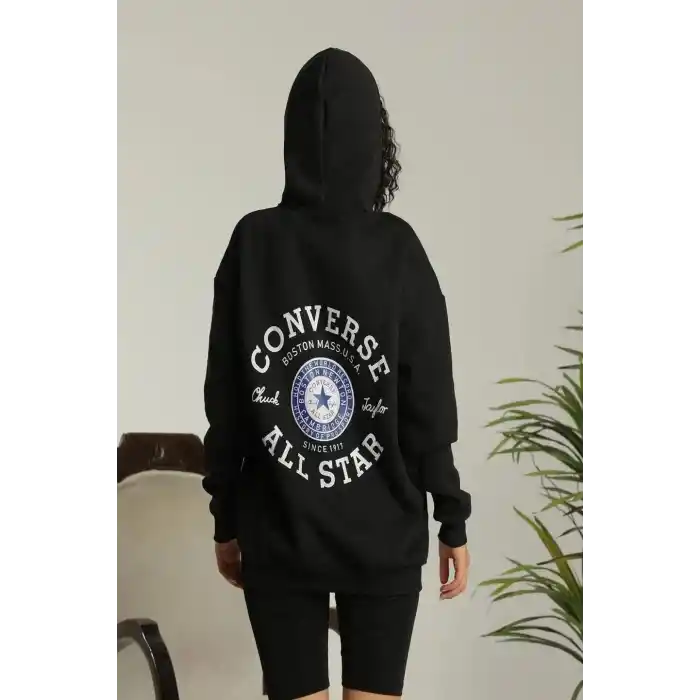 Kadın Kapşonlu Sweatshirt – Oversize Üç İplik Şardonlu Hoodie, “Other Lives” Ön & Arka Baskılı, Kanguru Cepli, Kışlık Rahat Günlük Stil - Siyah