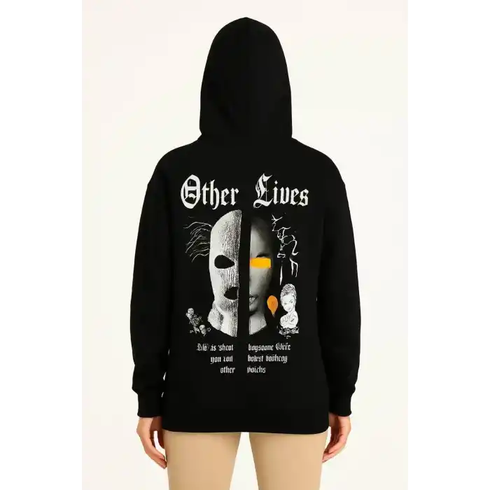 Kadın Kapşonlu Sweatshirt – Oversize Üç İplik Şardonlu Hoodie, “Other Lives” Ön & Arka Baskılı, Kanguru Cepli, Kışlık Rahat Günlük Stil- Siyah