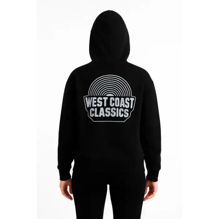 Kadın Kapşonlu Sweatshirt – Oversize Üç İplik Şardonlu Hoodie, “West Coast Classics” Ön & Arka Baskılı, Kanguru Cepli Kışlık Günlük Stil - Siyah
