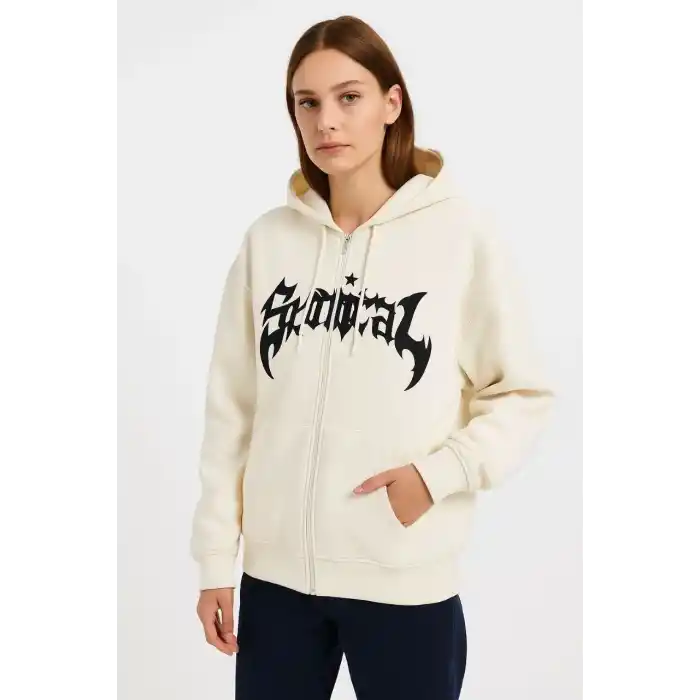 Kadın Kapüşonlu 3 İplik Şardonlu Önü Baskılı Fermuarlı Oversize Sweatshirt - Beyaz