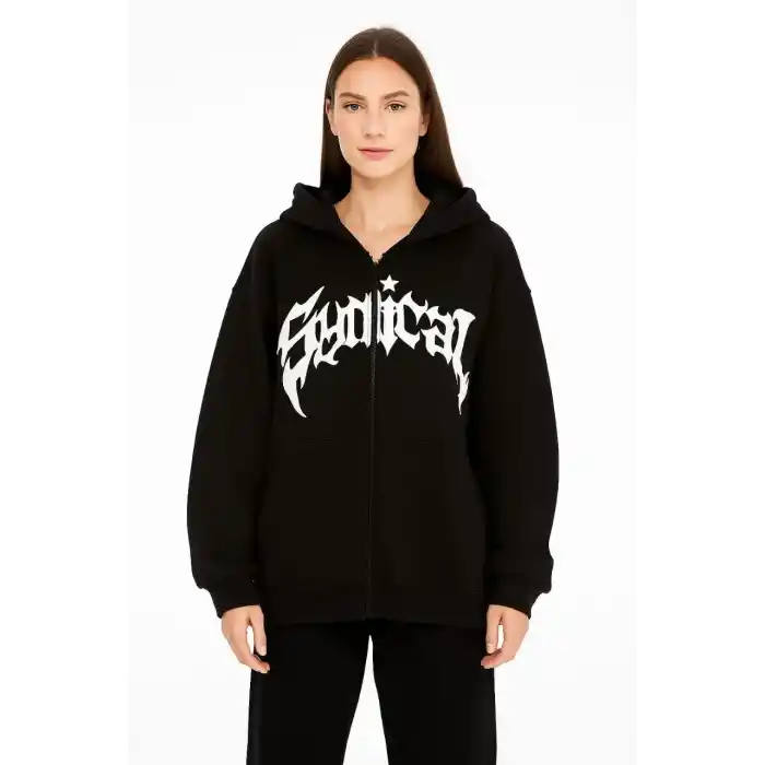 Kadın Kapüşonlu 3 İplik Şardonlu Önü Baskılı Fermuarlı Oversize Sweatshirt - Siyah