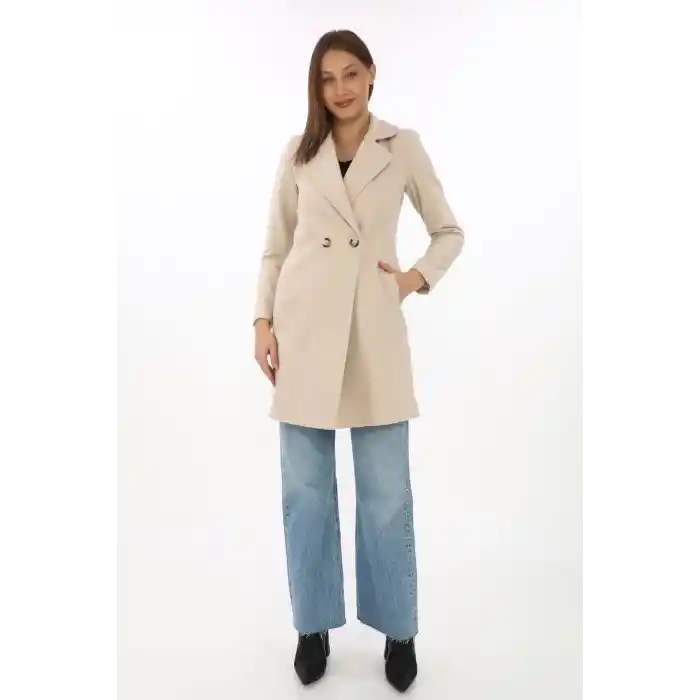 Kadın Kaşe Kaban – Siyah Yünlü Dokuma, Kruvaze Yaka, Astarlı, Cepli, Kuşaklı Uzun Boy Tesettür Uyumlu Kışlık Şık Kaban - Bej