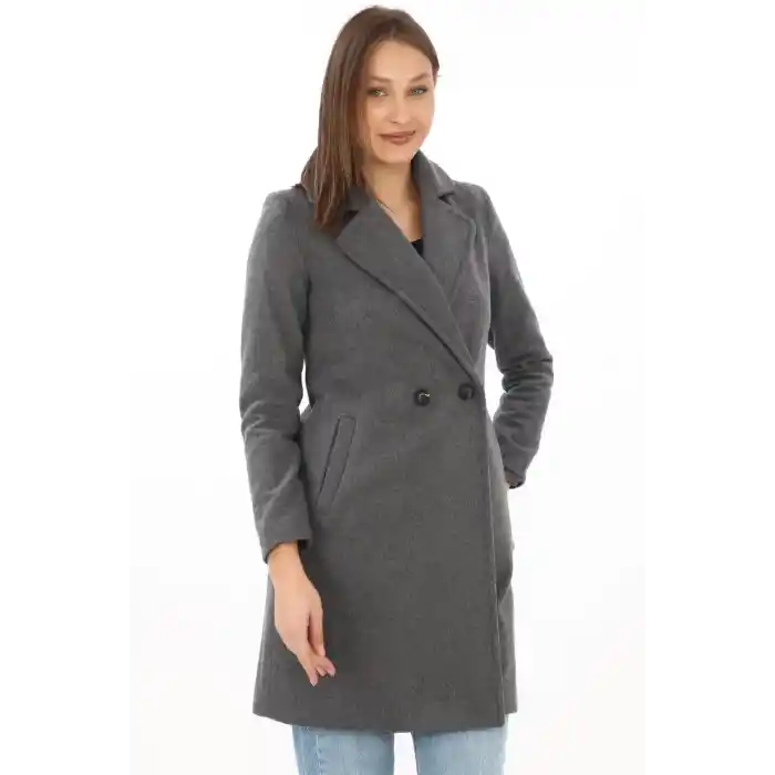 Kadın Kaşe Kaban – Siyah Yünlü Dokuma, Kruvaze Yaka, Astarlı, Cepli, Kuşaklı Uzun Boy Tesettür Uyumlu Kışlık Şık Kaban - Füme