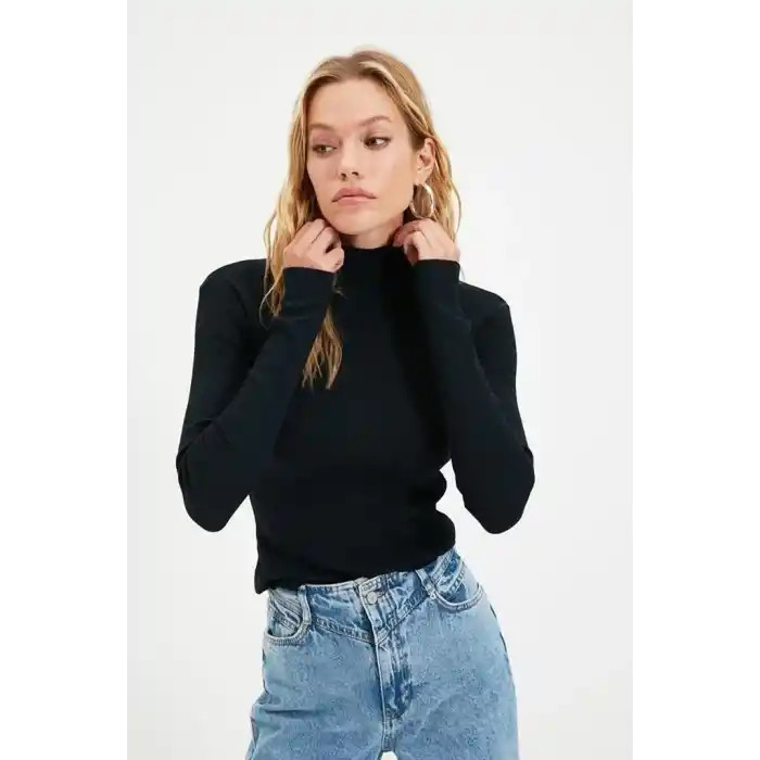 Kadın Kaşkorse Boğazlı Full Likralı Fitilli Body Kazak - Siyah