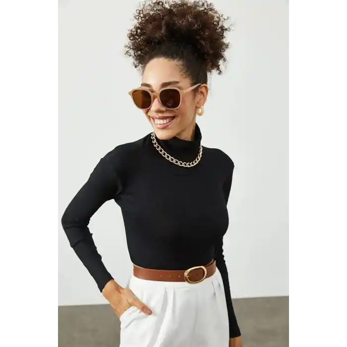 Kadın Kaşkorse Boğazlı Full Likralı Fitilli Body Kazak - Siyah