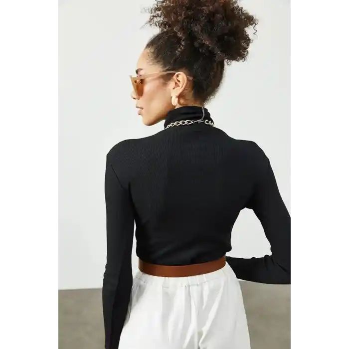 Kadın Kaşkorse Boğazlı Full Likralı Fitilli Body Kazak - Siyah