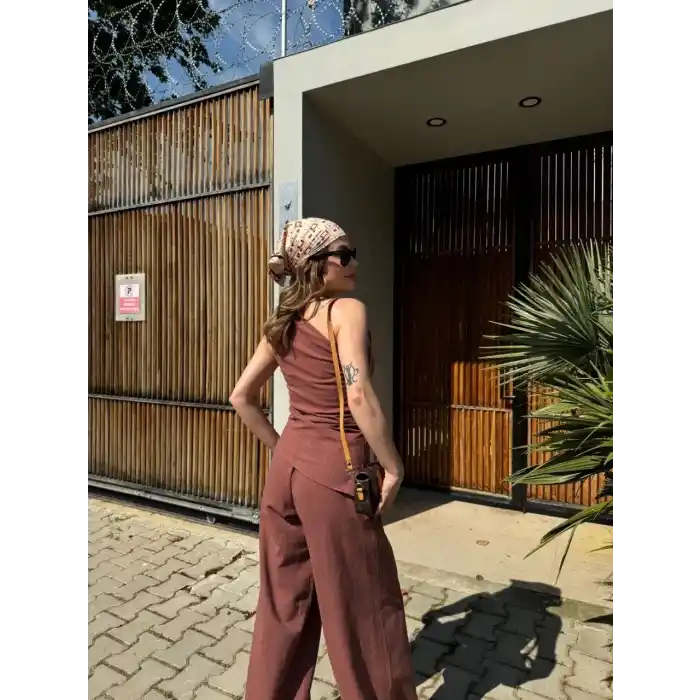 Kadın Keten Asimetrik Tek Omuzlu Bluz Pantalon Takım- Bordo