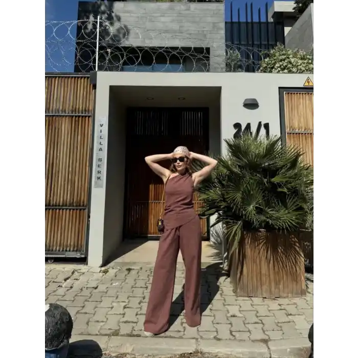 Kadın Keten Asimetrik Tek Omuzlu Bluz Pantalon Takım- Bordo