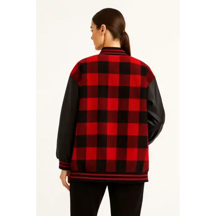 Kadın Kolej Ceket – Kareli Oduncu Kumaş, Kolları Suni Deri, Fermuarlı, İçi Kapitone Astarlı, Nakışlı Oversize Bahar & Kış Stil - Bordo