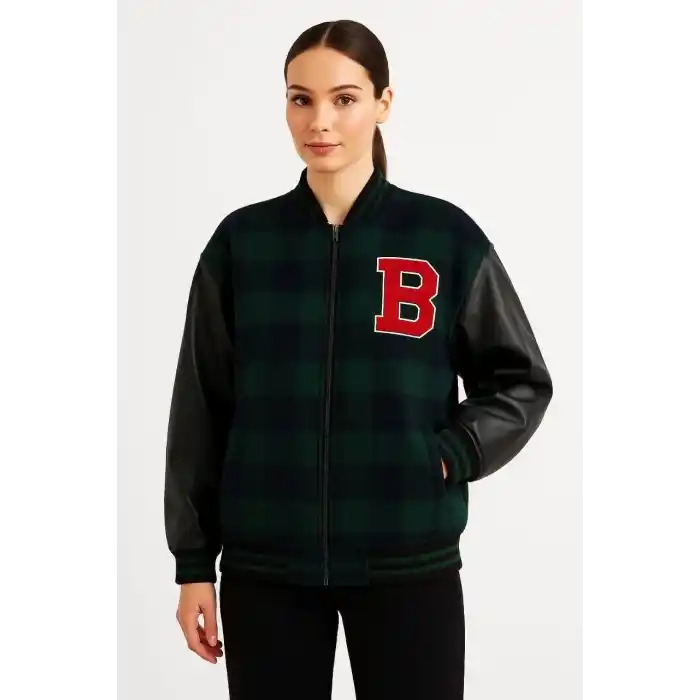 Kadın Kolej Ceket – Kareli Oduncu Kumaş, Kolları Suni Deri, Fermuarlı, İçi Kapitone Astarlı, Nakışlı Oversize Bahar & Kış Stil - Haki