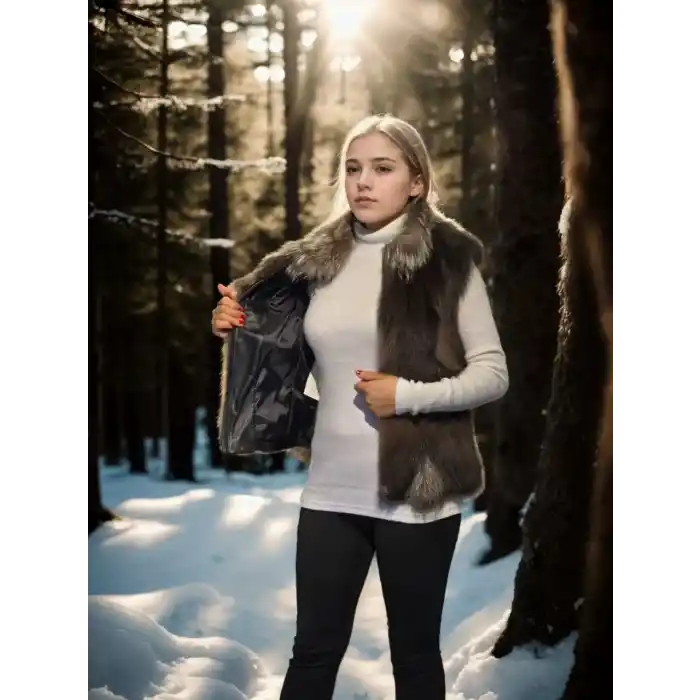 Kadın Kolsuz Fermuarlı Yelek - Kahve