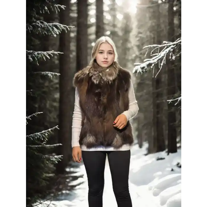 Kadın Kolsuz Fermuarlı Yelek - Kahve