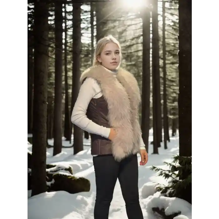 Kadın Kolsuz Fermuarlı Yelek - Kahve