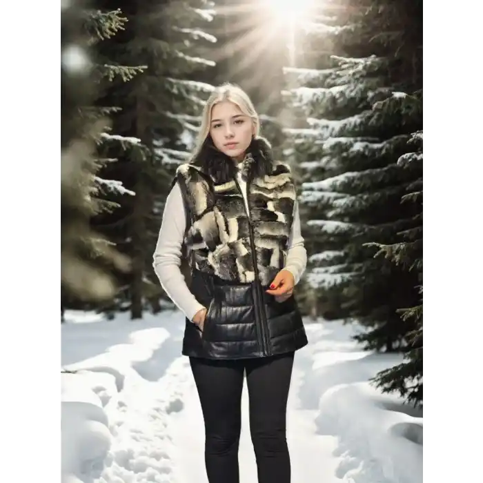 Kadın Kolsuz Hakiki Deri Kürk - Siyah