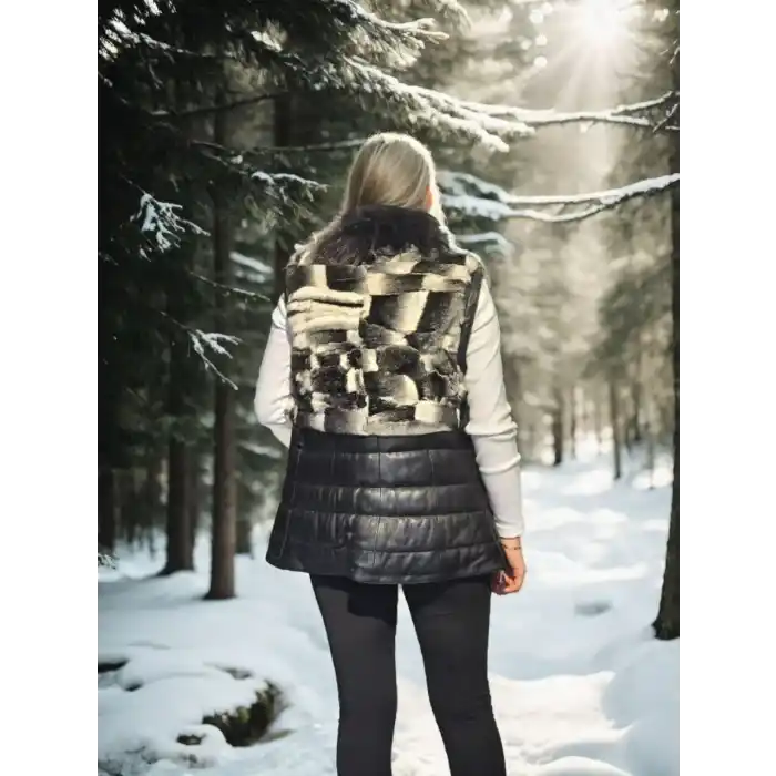 Kadın Kolsuz Hakiki Deri Kürk - Siyah