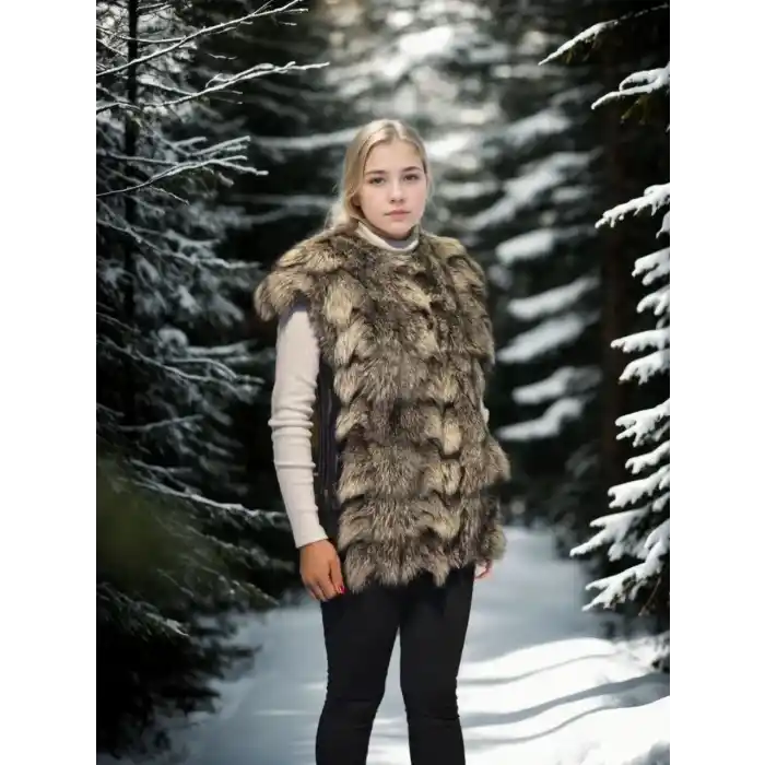 Kadın Kolsuz Hakiki Deri Kürk - Siyah