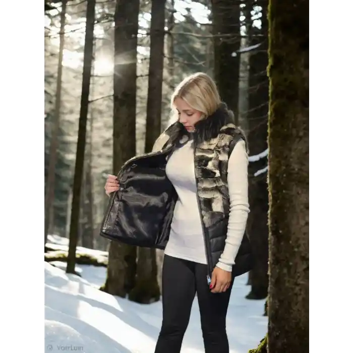 Kadın Kolsuz Hakiki Deri Kürk - Siyah