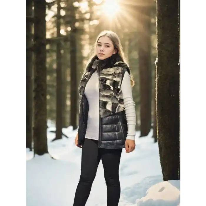 Kadın Kolsuz Hakiki Deri Kürk - Siyah