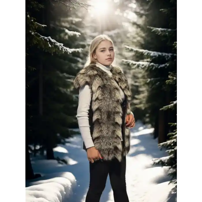 Kadın Kolsuz Hakiki Deri Kürk - Siyah