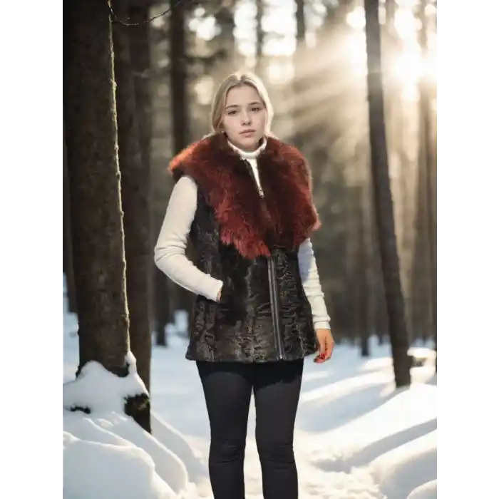 Kadın Kolsuz Hakiki Kürk - Siyah