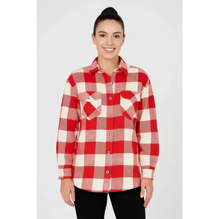 Kadın Oduncu Gömlek – Uzun Kollu, Şardonlu Kumaş, Kırmızı Beyaz Kareli Desen, Regular Fit, Çift Cepli, Manşetli Günlük Şık Stil - Bordo