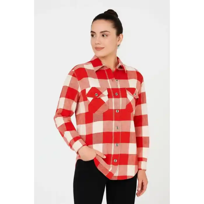 Kadın Oduncu Gömlek – Uzun Kollu, Şardonlu Kumaş, Kırmızı Beyaz Kareli Desen, Regular Fit, Çift Cepli, Manşetli Günlük Şık Stil - Bordo