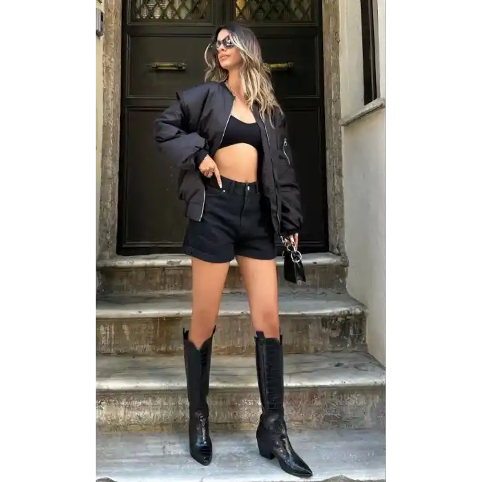 Kadın Oversize Bomber Ceket – Siyah, Fermuarlı, Sokak Modası Tarzı Mont - Siyah