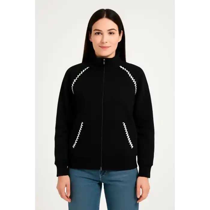 Kadın Oversize Dik Yaka Fermuarlı Sweatshirt - Zincir Nakışli Kanguru Cepli, - Siyah