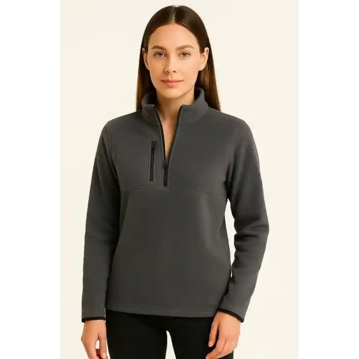 Kadın Polar Kazak – Dik Yaka, Yarım Fermuarlı, Fermuarlı Göğüs Cepli, Siyah Biyeli, Kışlık Rahat Regular Fit Günlük Model - Füme