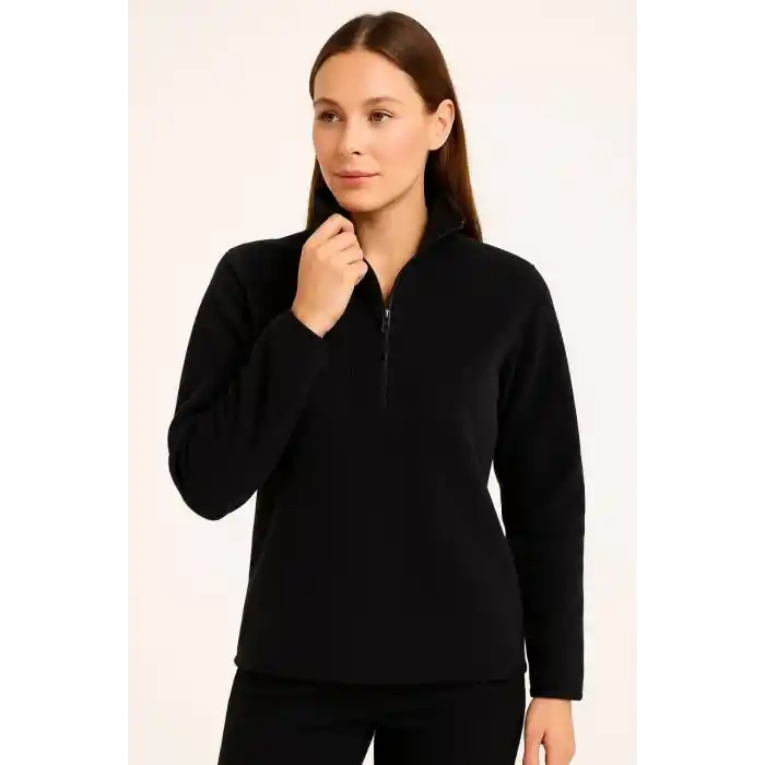 Kadın Polar Kazak – Dik Yaka, Yarım Fermuarlı, Fermuarlı Göğüs Cepli, Siyah Biyeli, Kışlık Rahat Regular Fit Günlük Model - Siyah