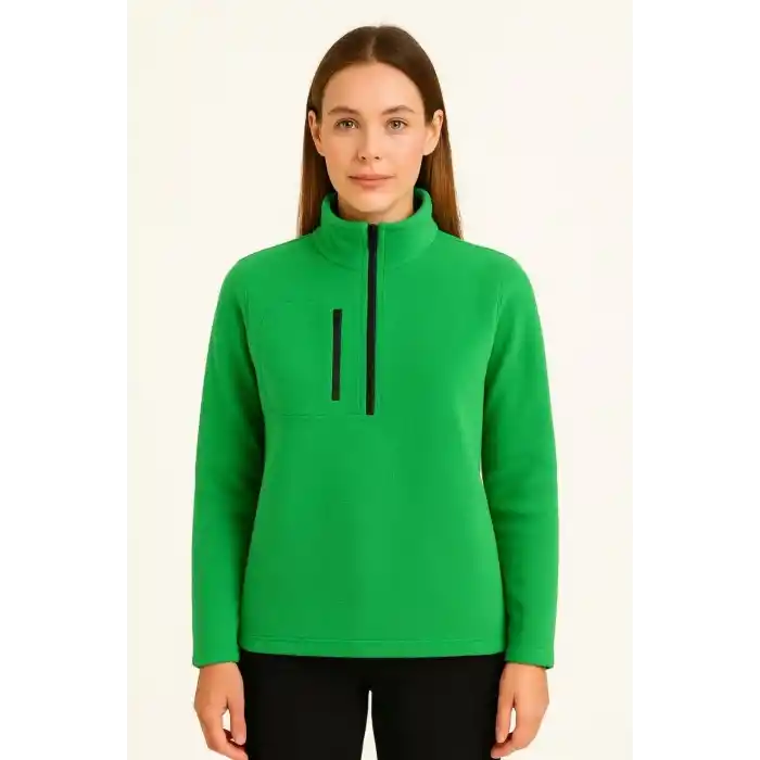 Kadın Polar Kazak – Dik Yaka, Yarım Fermuarlı, Fermuarlı Göğüs Cepli, Siyah Biyeli, Kışlık Rahat Regular Fit Günlük Model - Yeşil