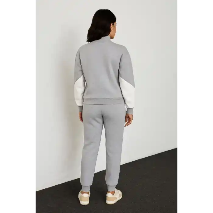 Kadın Premium Parçalı Eşofman Takım - Dik Yaka Fermuarlı Sweatshirt - Gri