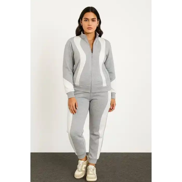 Kadın Premium Parçalı Eşofman Takım - Dik Yaka Fermuarlı Sweatshirt - Gri