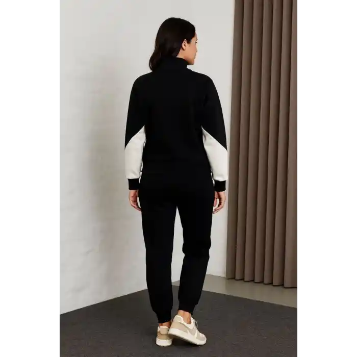 Kadın Premium Parçalı Eşofman Takım - Dik Yaka Fermuarlı Sweatshirt - Siyah