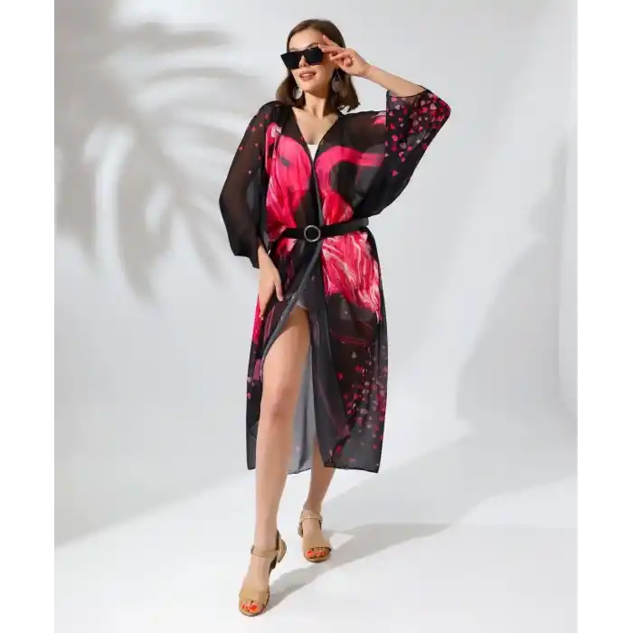 Kadın Rahat Kesim Şifon Kimono - Siyah