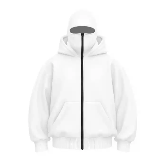 Kadın Samuray Ninja Çift Kapüşonlu Maske Detaylı Fermuarlı Kanguru Cepli Hoodie - Beyaz