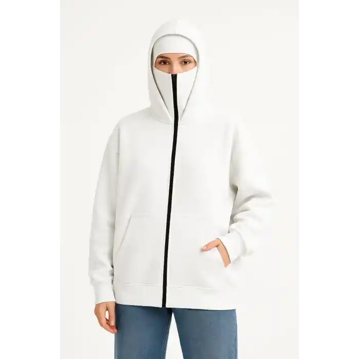 Kadın Samuray Ninja Çift Kapüşonlu Maske Detaylı Fermuarlı Kanguru Cepli Hoodie - Beyaz