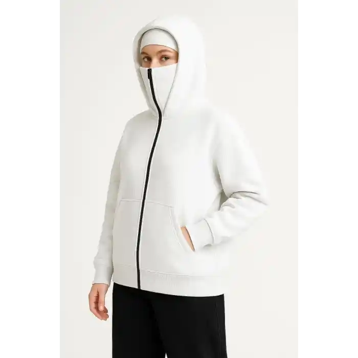 Kadın Samuray Ninja Çift Kapüşonlu Maske Detaylı Fermuarlı Kanguru Cepli Hoodie - Beyaz
