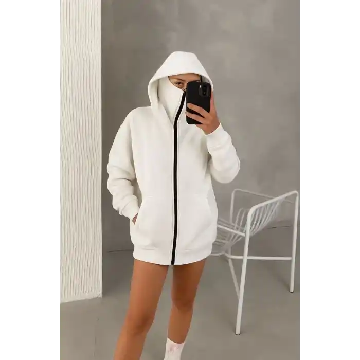 Kadın Samuray Ninja Çift Kapüşonlu Maske Detaylı Fermuarlı Kanguru Cepli Hoodie - Beyaz