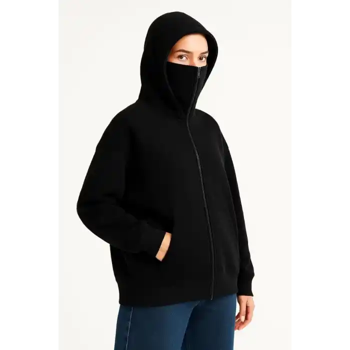 Kadın Samuray Ninja Çift Kapüşonlu Maske Detaylı Fermuarlı Kanguru Cepli Hoodie - Siyah