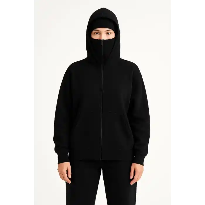 Kadın Samuray Ninja Çift Kapüşonlu Maske Detaylı Fermuarlı Kanguru Cepli Hoodie - Siyah