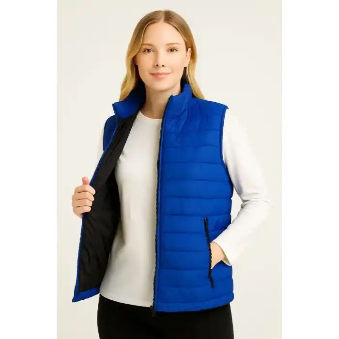 Kadın Şişme Fermuarlı Yelek Su itici Kapitone Astarlı Kumaş Cepli Hafif Kışlık Spor Rahat Kalıp - Saks Mavisi