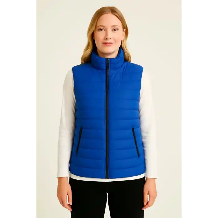 Kadın Şişme Fermuarlı Yelek Su itici Kapitone Astarlı Kumaş Cepli Hafif Kışlık Spor Rahat Kalıp - Saks Mavisi