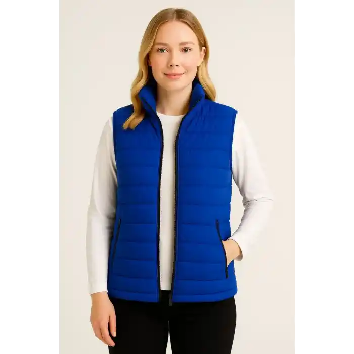 Kadın Şişme Fermuarlı Yelek Su itici Kapitone Astarlı Kumaş Cepli Hafif Kışlık Spor Rahat Kalıp - Saks Mavisi