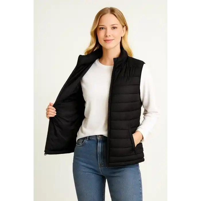 Kadın Şişme Fermuarlı Yelek Su itici Kapitone Astarlı Kumaş Cepli Hafif Kışlık Spor Rahat Kalıp - Siyah