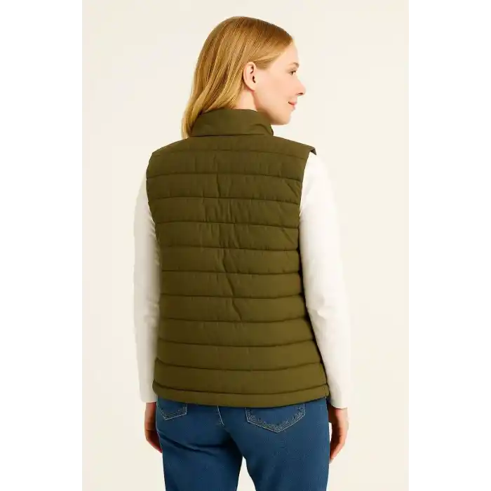 Kadın Şişme Fermuarlı Yelek Su itici Kapitone Astarlı Kumaş Cepli Hafif Kışlık Spor Rahat Kalıp - Haki