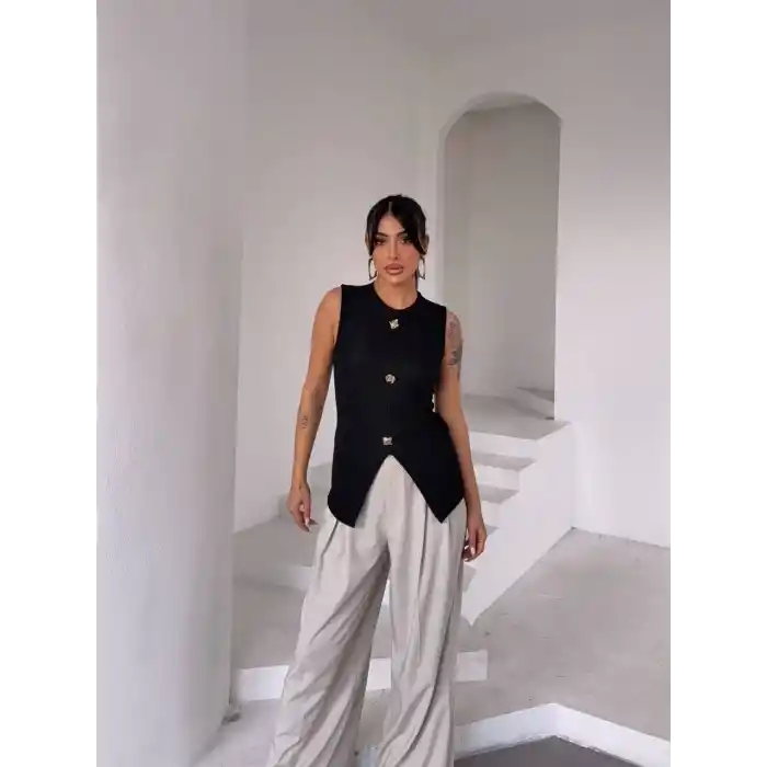 Kadın siyah bisiklet yaka gold düğmeli ottoman bluz s2310