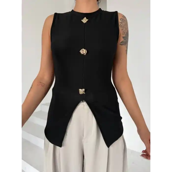 Kadın siyah bisiklet yaka gold düğmeli ottoman bluz s2310