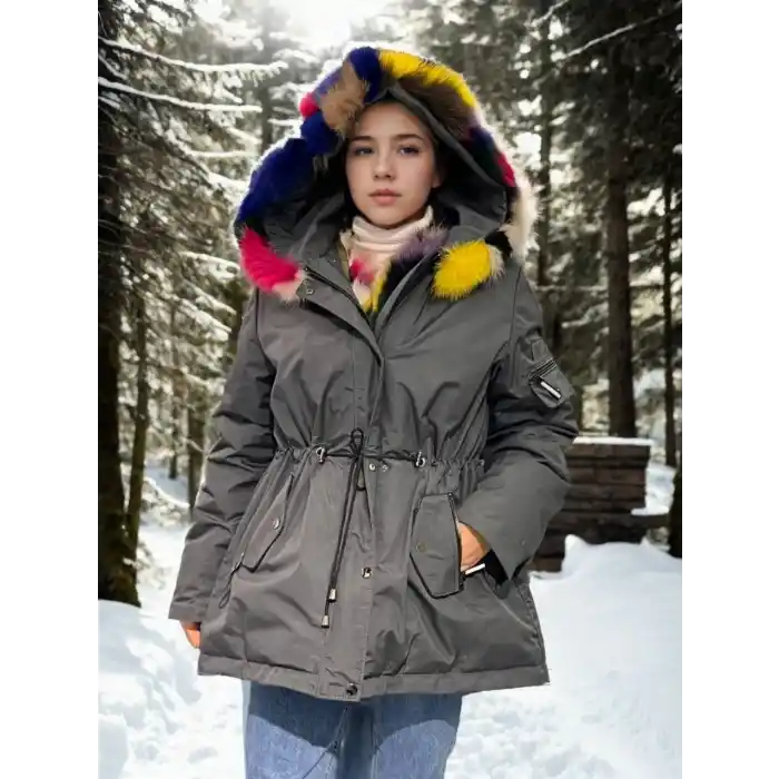 Kadın Su Geçirmez Kapüşonlu Mont - Füme